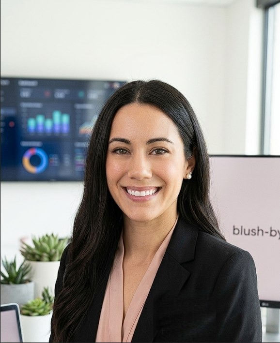 Stephanie, the founder of BlushByte Studios, in a blush-byte branded blazer