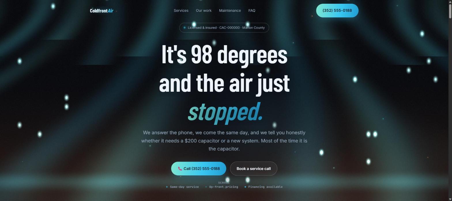 Coldfront Air demo website — cold air pouring down over a warm room