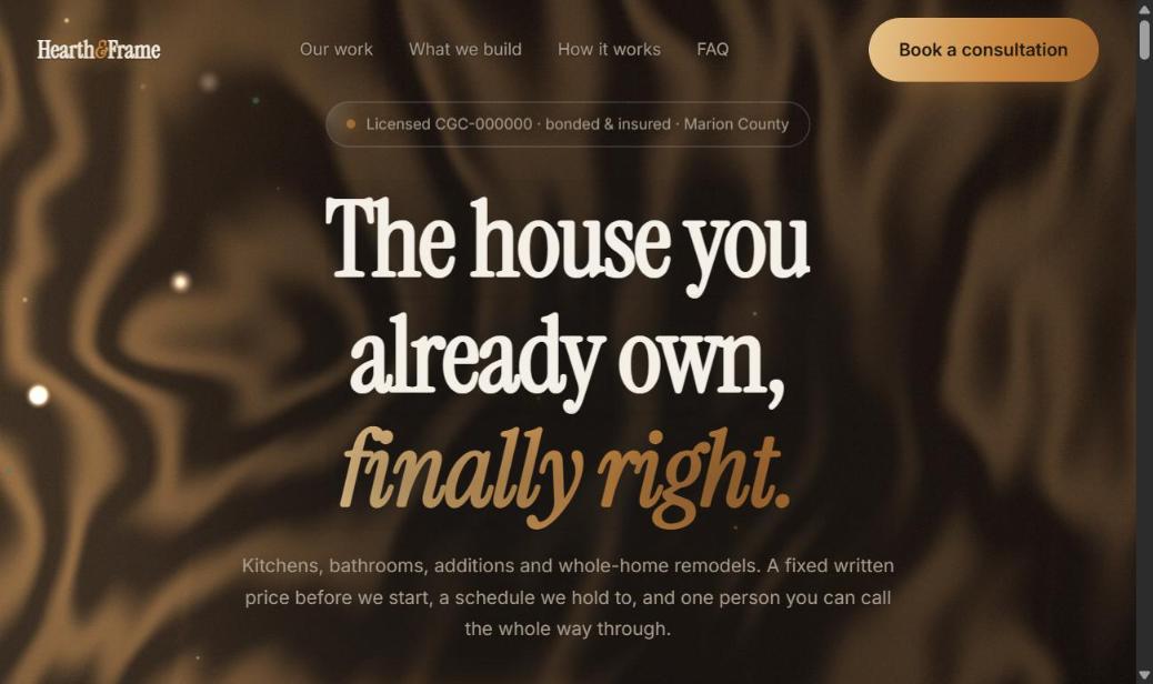 Hearth & Frame demo website — warm timber hero reading "The house you already own, finally right"