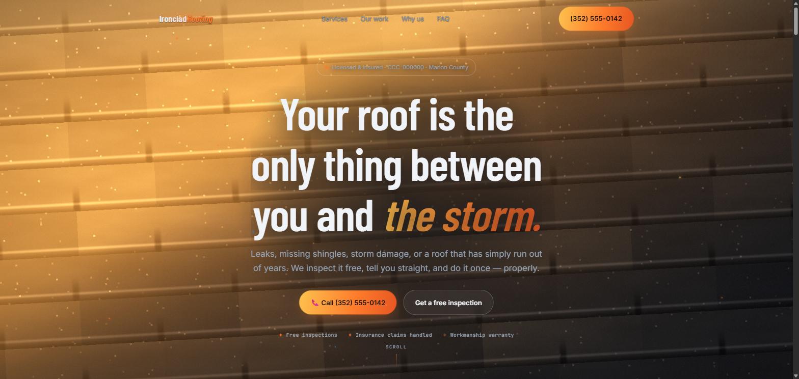 Ironclad Roofing demo website — sunlit shingle hero reading "Your roof is the only thing between you and the storm"